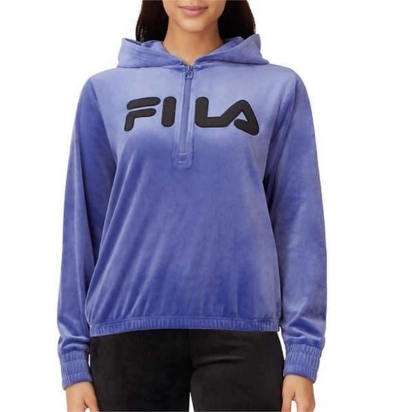 FILA Velour Hoodie Sweatshirt Medium Quarter-Zip Pockets Elastic Waist & Cuffs - Picture 1 of 15